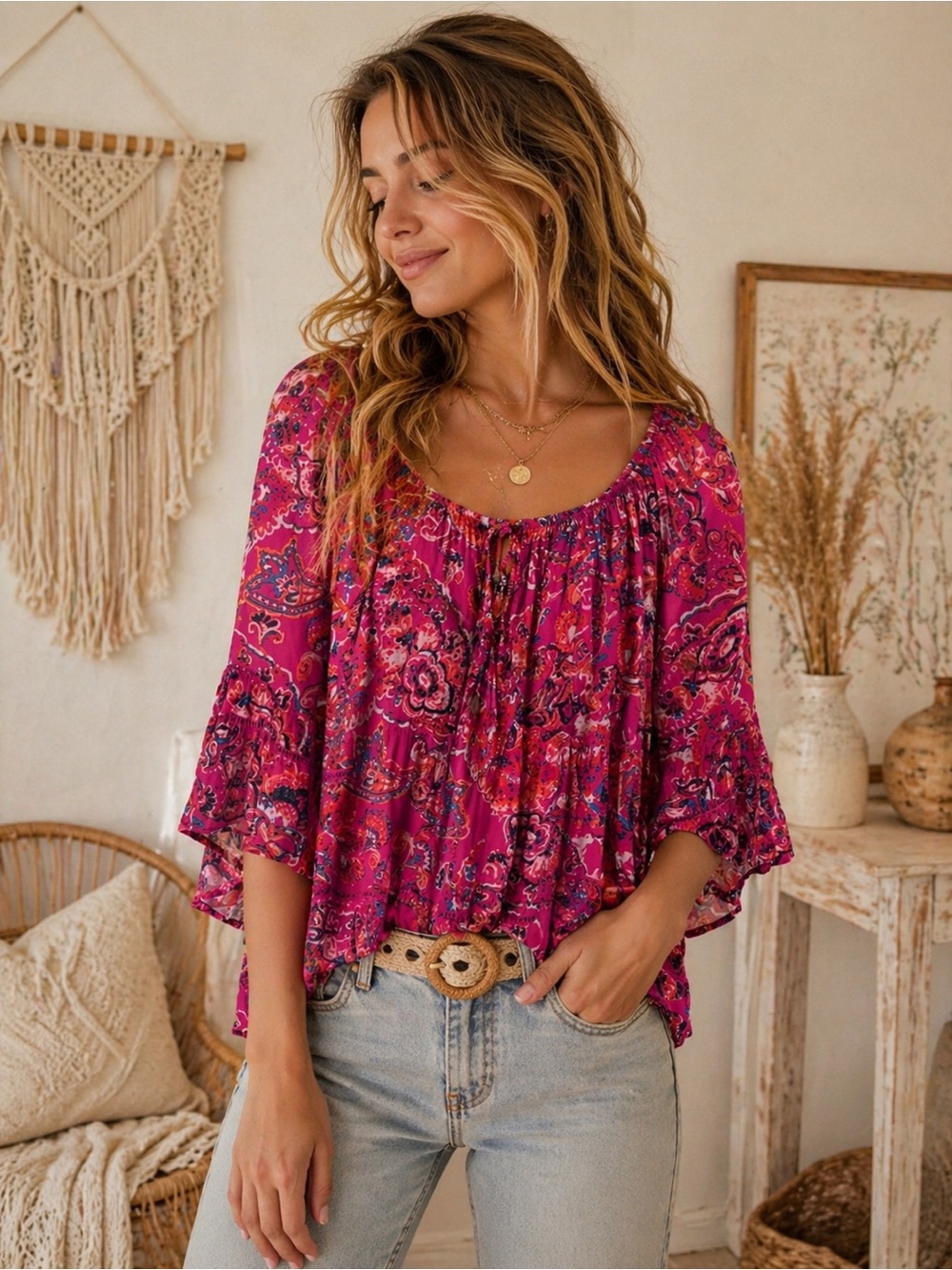 Anthropologie Fuchsia Floral Peasant Blouse
